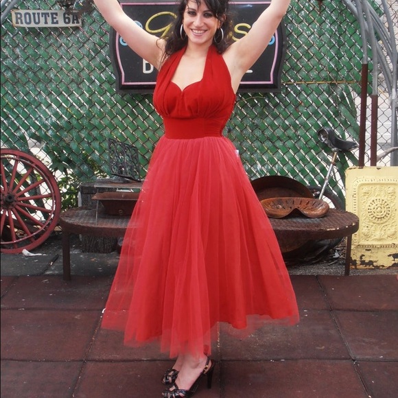 Vintage 1950s Bombshell Red Velvet Party Dress S/M - Picture 8 of 16